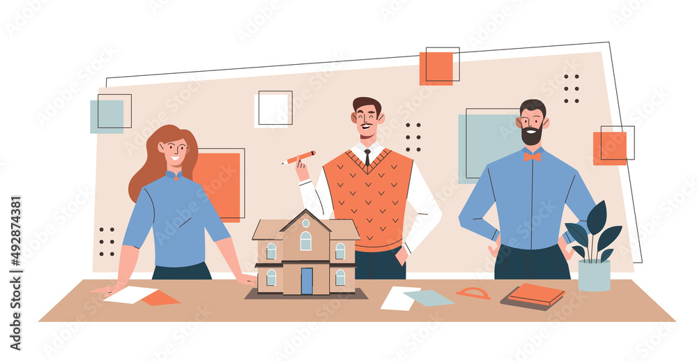 Team of architects. Men and girls considering layout, buildings. Real estate and urban landscape, design. Architect presenting paper model, miniature facade. Cartoon flat vector illustration