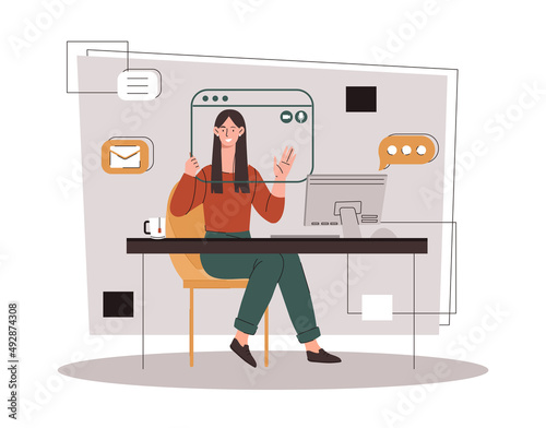Virtual window frame. Digital world and modern technologies, young girl in browser screen. Design and development of interface for page, freelancer workplace. Cartoon flat vector illustration