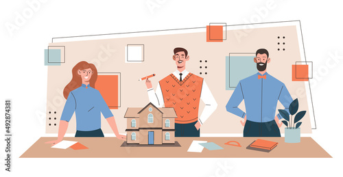 Team of architects. Men and girls considering layout, buildings. Real estate and urban landscape, design. Architect presenting paper model, miniature facade. Cartoon flat vector illustration