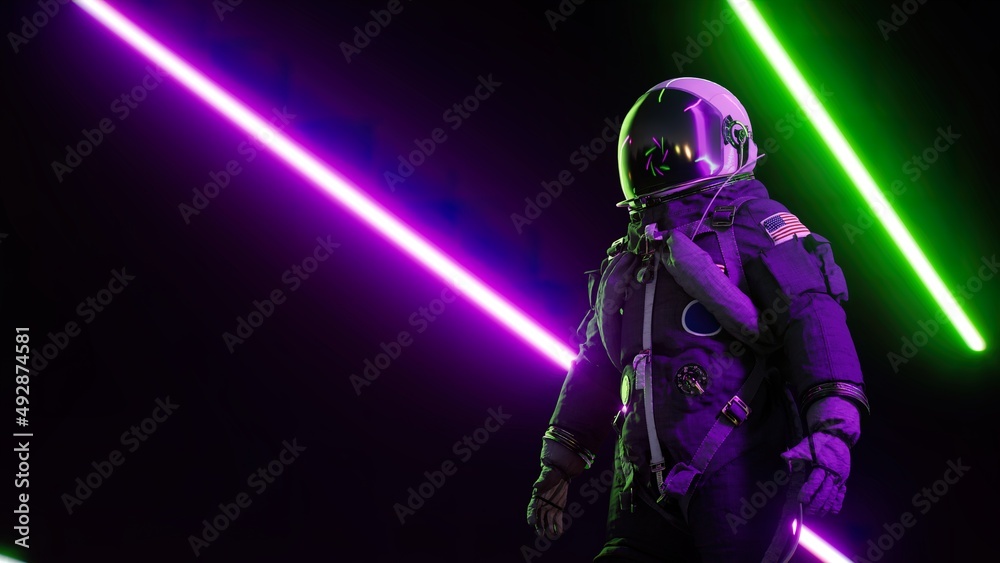 Astronaut in infinite neon corridor. Neon laser light. Retrowave 3d illustration