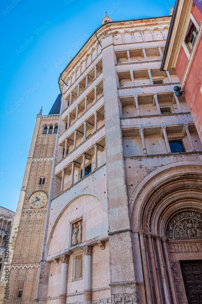 The beautiful baptistery of Parma, built with pink marble in Italy