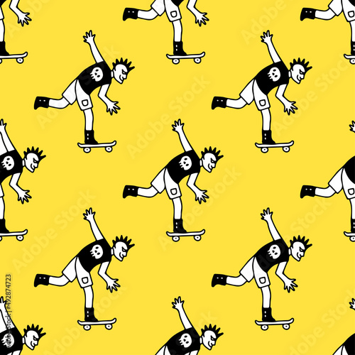 Punk boy riding skateboard, seamless pattern background illustration for t-shirt, sticker, or apparel merchandise. With doodle, retro, and cartoon style.
