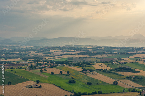 Beautiful landscape of the Marche countryside from Recanati Italy at sunset