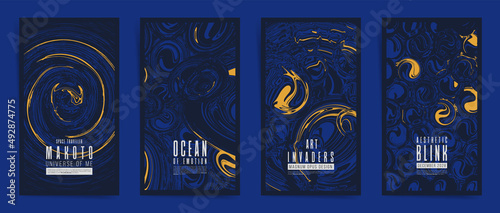 Future space universe abstract template design with typography for stories, posts, flyer, event brochure, placard, presentation or cover. Black blue yellow colors, rounded neon shapes background set.	