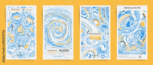 Summer Abstract template design with typography for stories poster. posts, flyer, brochure, placard, presentation or cover. Vector blue and yellow liquid and rounded shape background set.	