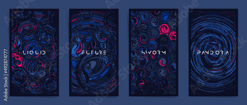 Fototapeta Naklejka Na Ścianę i Meble -  Dark space universe minimal template design with typography for stories, posts, event brochure, poster, presentation or cover. Black blue pink acid colors, circles and twists brutal background shapes	