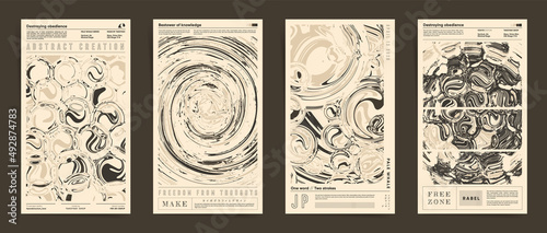 Set of Monochrome Aesthetic Stories posts templates. Modern Japanese boho Design Posters. Vintage Covers with typography. Abstract liquid ink twisted and rounded shapes Backgrounds.	