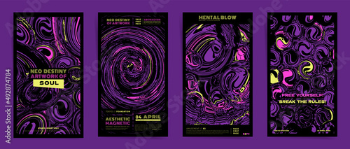 Dark space abstract template design with typography for stories, flyer, event brochure, posts, presentation or cover. Black, purple colors with hallucination paints print vector set.	