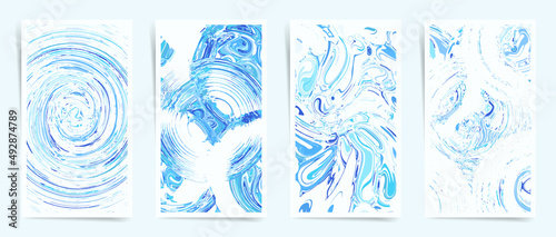 Flow of water, falling drops and water surface vector concept background illustrations collection. Frame card set for stories, banner, social post, flyer, decor. Blue pure ocean water backdrop print.	