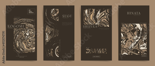 Aesthetic liquid marble template stories covers design. Premium abstract backgrounds set. Trendy pattern for graphic poster, geometric brochure, cards, leaflet, flyer, decor banner. Vector print.