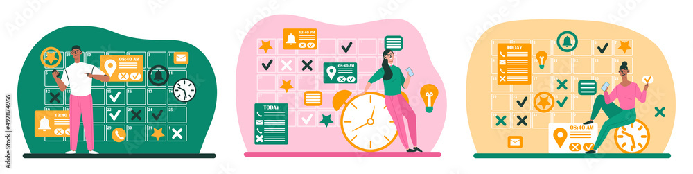 Schedules in online calendar. Collection of images with hardworking ...