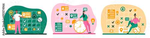 Schedules in online calendar. Collection of images with hardworking workers. Time management and efficient workflow, poster or banner. Cartoon flat vector illustrations isolated on white background