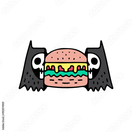 Cool Two half of cat skull head with cheeseburger inside, illustration for t-shirt, street wear, sticker, or apparel merchandise. With doodle, retro, and cartoon style.