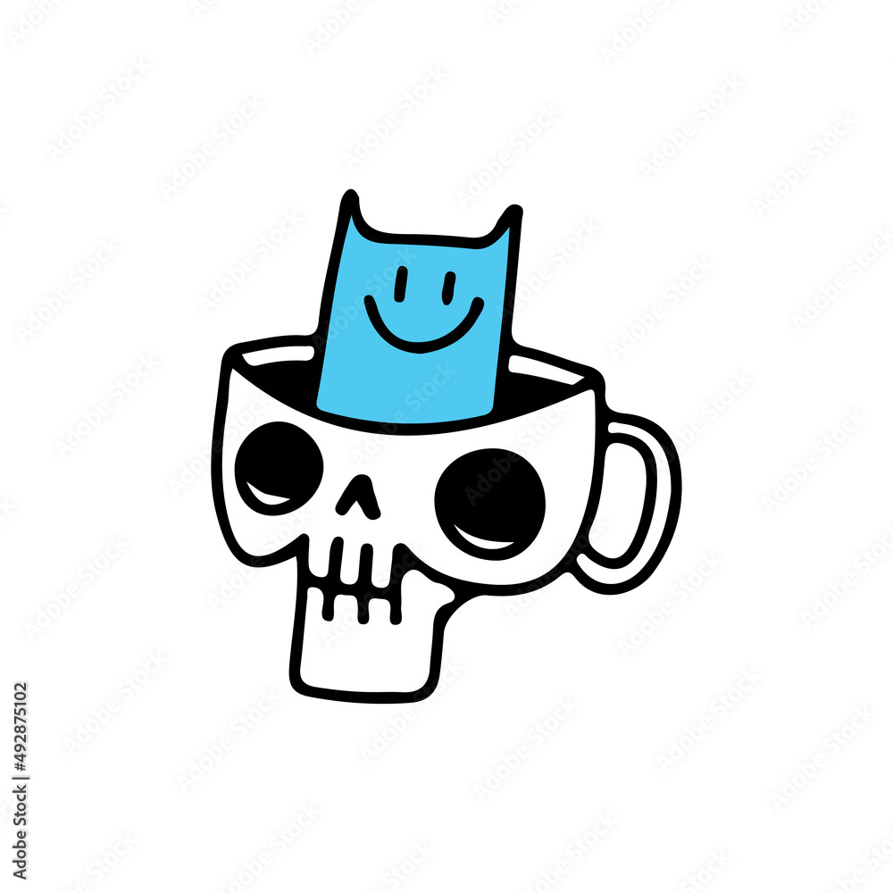 Skull head mug with cat inside, illustration for t-shirt, sticker, or apparel merchandise. With doodle, retro, and cartoon style. Skull head mug with cat inside, illustration for t-shirt, sticker, or apparel merchandise. With doodle, retro, and cartoon style.