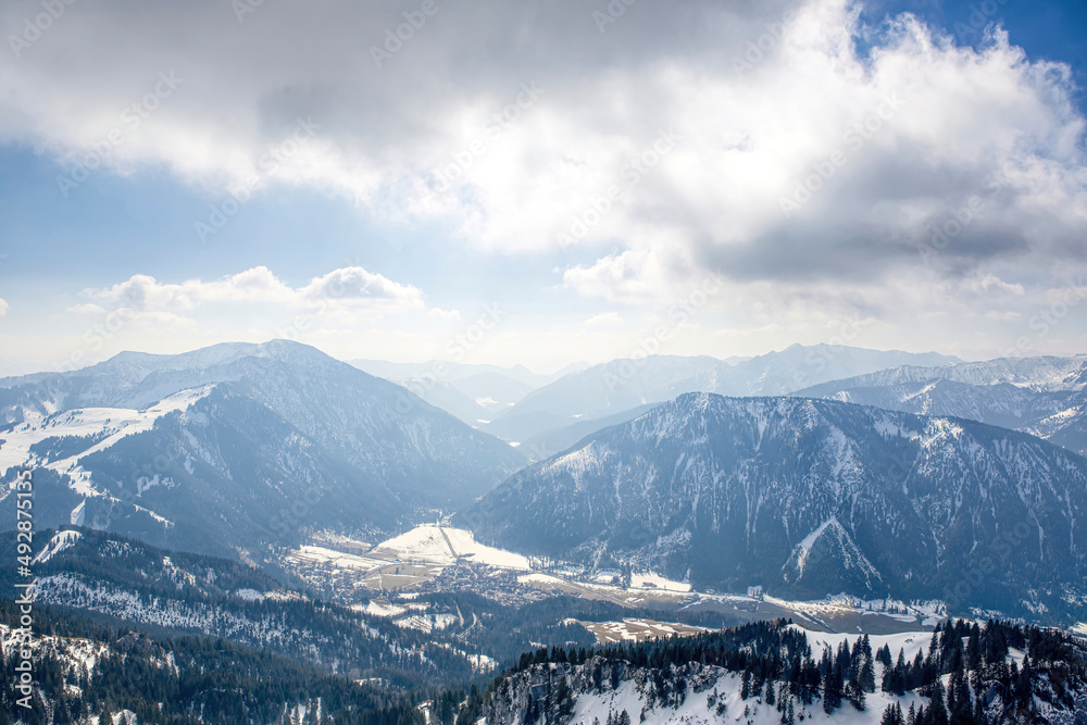 Stunning view from mount Wendelstein, a mountain in bavaria, Bayrisch Zell, in late winter