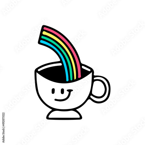 Cup of coffee character with rainbow, illustration for t-shirt, street wear, sticker, or apparel merchandise. With doodle, retro, and cartoon style.