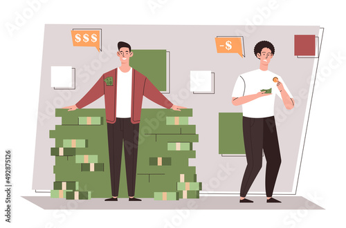 Salary gap concept. Rich and poor characters side by side. Social inequality, successful businessman and homeless man. Crisis and global problems of society. Cartoon flat vector illustration