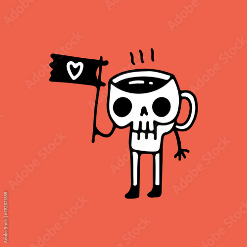 Coffee cup skull character holding flag with love symbol, illustration for t-shirt, sticker, or apparel merchandise. With doodle, retro, and cartoon style.