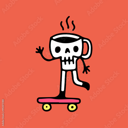Skull coffee cup riding skateboard, illustration for t-shirt, sticker, or apparel merchandise. With doodle, retro, and cartoon style.