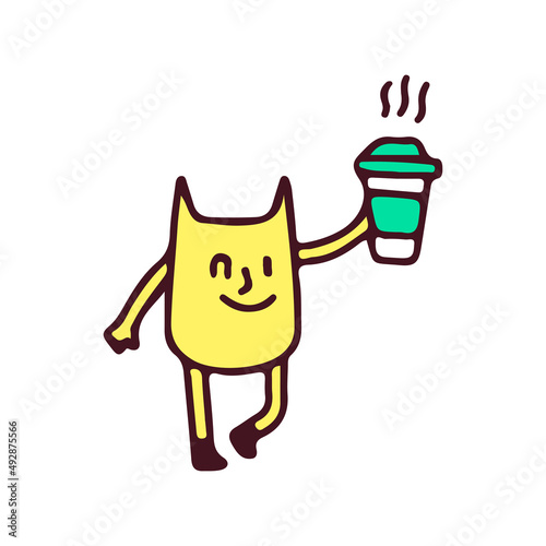 Trendy cat with cup of coffee mascot character, illustration for t-shirt, poster, sticker, or apparel merchandise. With retro cartoon style