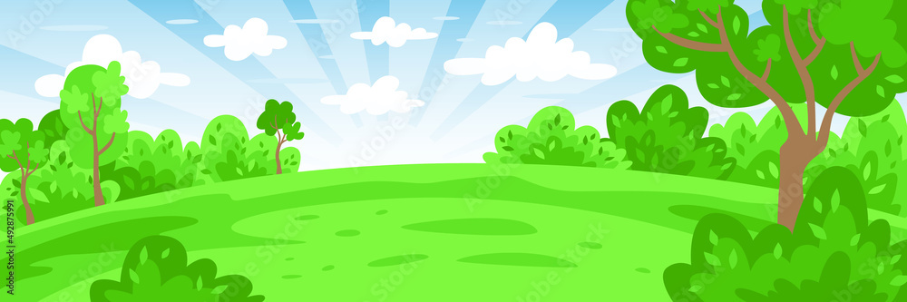 Landscape cartoon background. Vector illustration. Green nature. Spring or summer landscape for kids