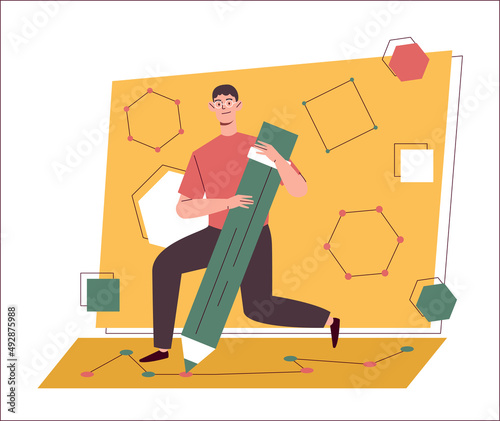 Man holding pencil. Talented character, creative person. Graphic designer or freelancer working on project. Development of design for website or interface for app. Cartoon flat vector illustration