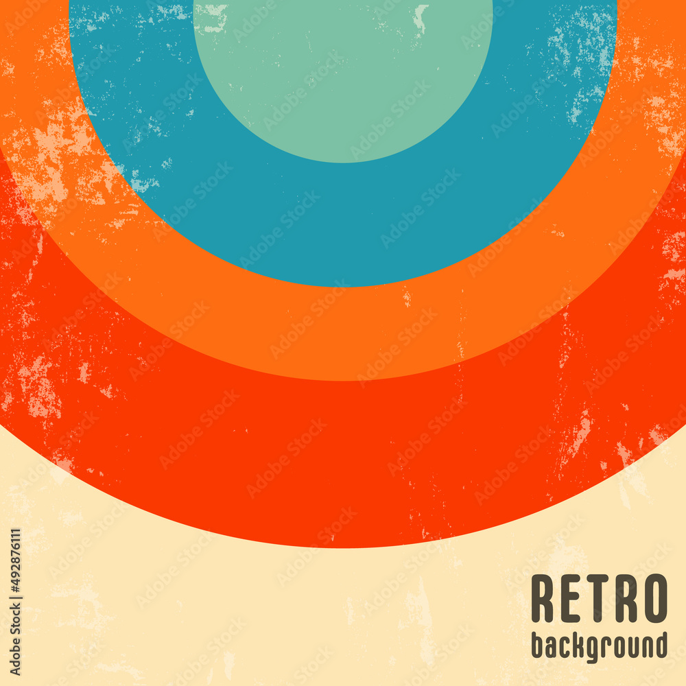 Retro design background with vintage grunge texture and colored round stripes. Vector illustration - obrazy, fototapety, plakaty 