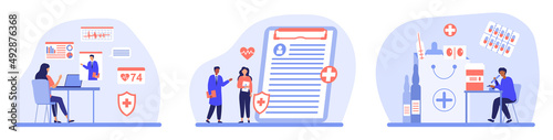 Healthcare scenes set. Collection of minimalistic images, patients with doctors. Diagnosis and consultation, treatment methods. Cartoon flat vector illustrations isolated on white background
