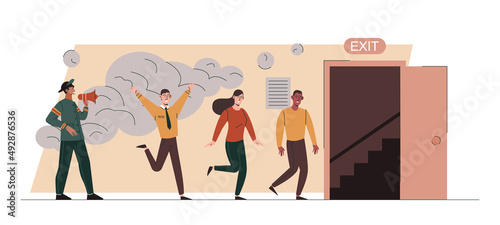 Fire emergency concept. Man with loudspeaker tells visitors how to leave building. Arson and criminal. Danger and evacuation plan, crowd of people run to exit. Cartoon flat vector illustration