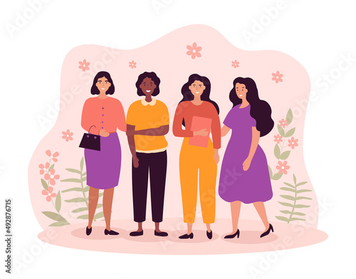 Fat happy girls. Body positive and self love. Acceptance of shortcomings, mental health and psychology. Poster or banner for site. Tolerance and respect, support. Cartoon flat vector illustration