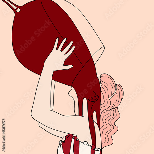 Vector hand drawn illustration of alcoholic girl with big glass of wine. Creative artwork. Template for card, poster, banner, print for t-shirt, pin, badge, patch.