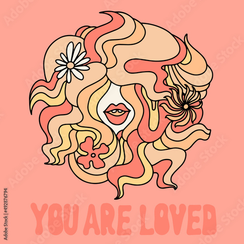 You are loved. Vector hand drawn illustration of girl with colorful hair . Creative artwork. Template for card  poster  banner  print for t-shirt  pin  badge  patch.