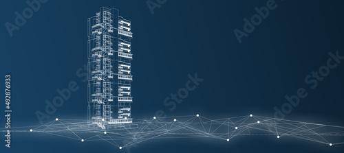 Smart building automation system digital intelligent technology abstract background architecture 3d wireframe