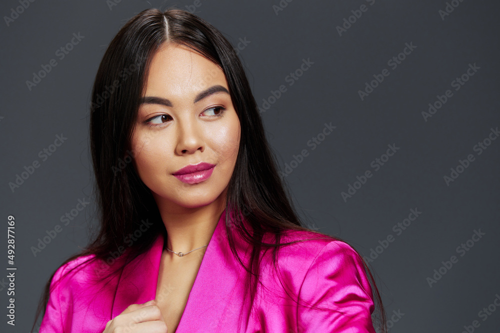 portrait woman in pink dress fashion makeup glamor Gray background portrait woman in pink dress fashion makeup glamor Gray background