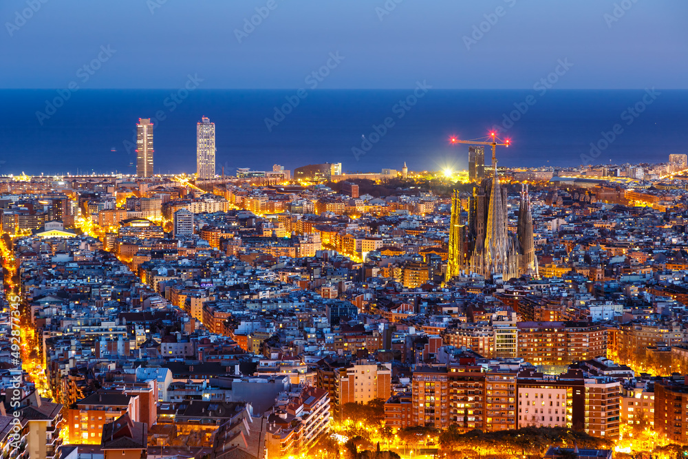 Barcelona skyline city town overview with Sagrada Familia church cathedral in Spain