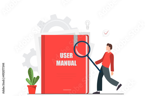 A tiny man standing near user manual book with magnifying glass, specifications user guidance document, flat vector illustration