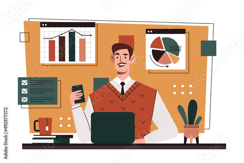 Businessman using laptop. Modern technology, businessman evaluates statistics of company. Income growth of organization, marketing research and analytics department. Cartoon flat vector illustration