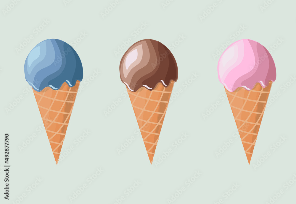 Set of Trendy models of ice cream in a cone. Blue sweet icing on top.Dessert design. Isolated object on the background. Delicious refreshing dessert. Vector icons