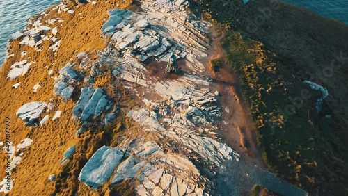 Aerial view zoom out Monument to King Arthur in Britain Spherical video