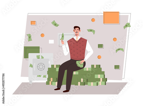 Businessman sitting on money. Successful entrepreneur and investor. Metaphor of earning and wealth, millionaire resting on banknotes, company or organization growth. Cartoon flat vector illustration