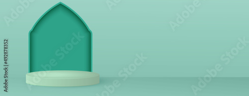 3d green fashion product display background for muslim holiday. Round podium with Islamic door frame. Vector