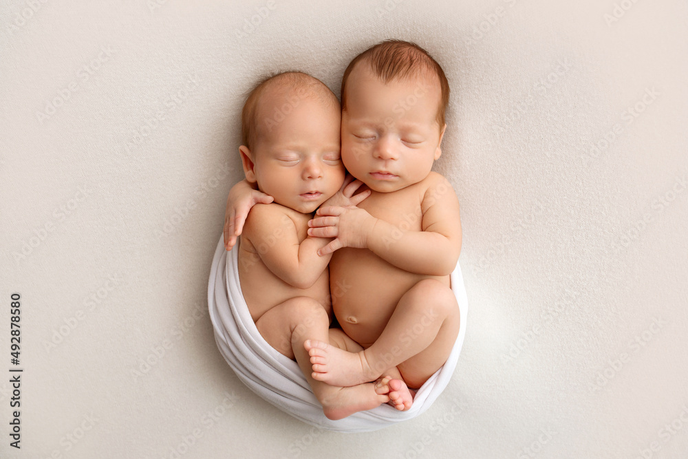 Tiny newborn twins boys in white cocoons on a white background. A newborn twin sleeps next to his brother. Newborn two twins boys hugging each other.Professional studio photography Tiny newborn twins boys in white cocoons on a white background. A newborn twin sleeps next to his brother. Newborn two twins boys hugging each other.Professional studio photography