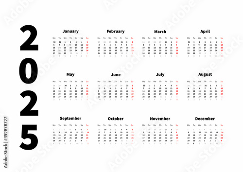 2025 year simple horizontal calendar in english, typographic calendar isolated on white
