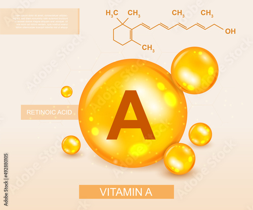Vitamin A concept. Useful trace elements for health, fitness and diet. Website graphic elements, organic and natural products. Chemical formulas and substances. Cartoon isometric vector illustration