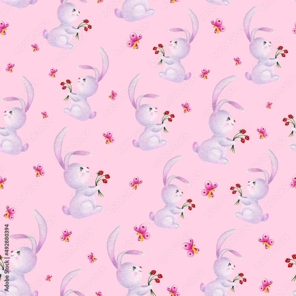 Seamless pattern of pink rabbit with butterflies on a delicate background. Handmade watercolor. Ideal for textiles. Gift children's packaging or a festive decoration for the baby's birthday.