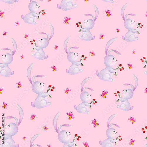 Seamless pattern of pink rabbit with butterflies on a delicate background. Handmade watercolor. Ideal for textiles. Gift children's packaging or a festive decoration for the baby's birthday.