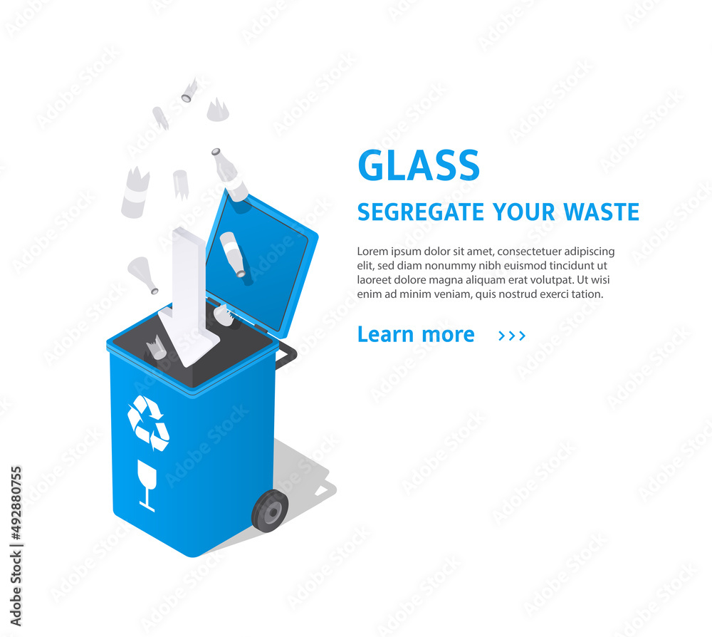 Sorting glass waste. Utilization, ecology and care for environment. Modern technologies, sorting and blue trash container with bottles, light bulbs and glasses. Cartoon isometric vector illustration Sorting glass waste. Utilization, ecology and care for environment. Modern technologies, sorting and blue trash container with bottles, light bulbs and glasses. Cartoon isometric vector illustration