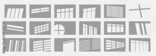 Realistic 3d shadows. Collection of elements for decorating flat drawings. Set of patterned windows and objects that stand on it. Isometric vector illustrations isolated on transparent background