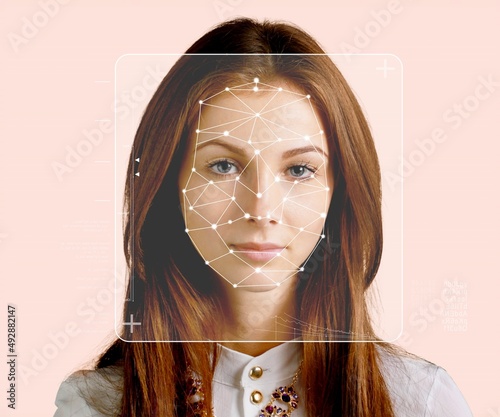 Serious business woman and smart technology for face recognition, double exposure. Biometric identification, futuristic cyber security, scanning and facial detection photo