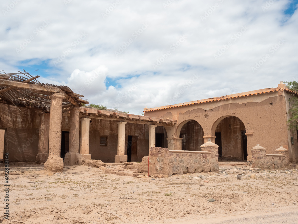 Imposing ruins of abandoned houses on the road between Cachi and Cafayate, Route 40, Salta Province, Northern Argentina